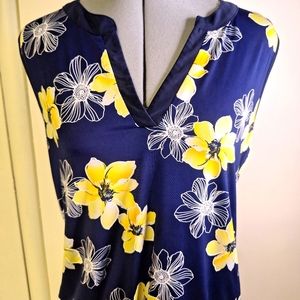 Modern Attention Navy With Yellow Flowers Summer Top.   Size Med